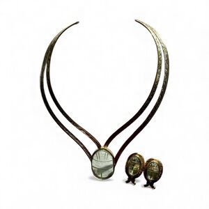 Vintage Signed IXEL Gold Silver w/ Clear Scarab Stones Choker & Clip Earrings